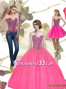 2015 Trendy Beading Sweetheart Tulle Hot Pink Quinceanera Dresses