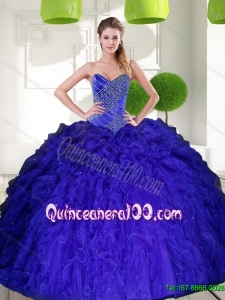 Most Popular Peacock Blue Sweetheart Beading Ball Gown Quinceanera Gowns with Ruffles