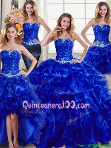 Elegant Organza Strapless Ruffled and Beaded Detachable Quinceanera Dresses in Royal Blue