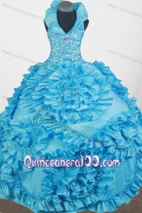 Luxurious Beading and Hand Made Flowers Ball Gown Little Gril Pageant Dress with Halter Top