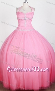 Rose Pink Beaded Decorate Bodice Ball Gown Halter Top Little Gril Pageant Dress