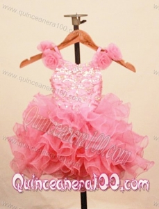 Elegant Ruffles Baby Pink Little Girl Pageant Dress With Hand Made Flowers Scoop Neck