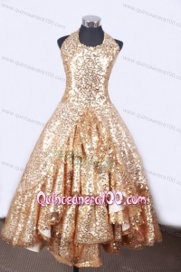 Popular A-line and Halter Top Neck For Little Girl Pageant Dresses With Gold