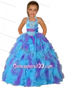Ball Gown Halter Top Remarkable Appliques Purple and Blue Little Girl Pageant Dress