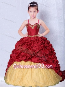 Wine Red and Gold Spaghetti Straps Appliques Little Girl Pageant Dress