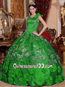 Green V-neck Embroidery and Hand Made Flowers Quinceanera Dress for Limited