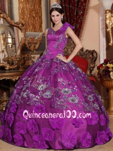Embroidery and Hand Made Flowers V-neck Long Dress for Quinceanera Party