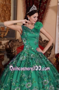 Fashionable V-neck Embroidery and Hand Made Flowers Quinceanera Dress in Green