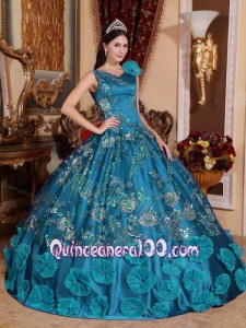 Teal V-neck Long Embroidery and Hand Made Flowers Dress for Quinceanera