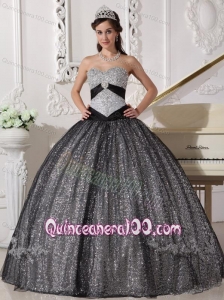 Black Ball Gown Sweetheart Floor-length Sequined and Tulle Appliques 16 Birthday Party Dresses