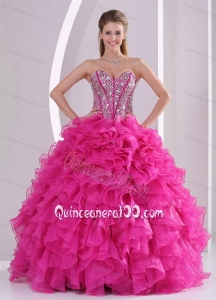 Hot Pink Ruffles Ball Gown Sweetheart Beaded Decorate 16 Birthday Party Dress