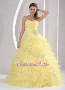Light Yellow Ruffles Sweetheart Appliques and Ruching 16 Birthday Party Dress