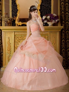 Pink Ball Gown Strapless Floor-length Organza Beading 16 Birthday Party Dresses
