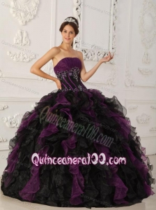Purple and Black Ball Gown Strapless Taffeta and Organza Beading 16 Birthday Dress