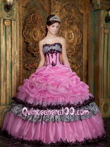 Rose Pink Ball Gown Strapless Pick Up Taffeta 16 Birthday Dress