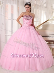 Strapless Baby Pink Tulle Beading and Ruching 16 Birthday Party Dress