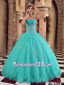 Turquoise Ball Gown Floor-length Organza Beading 16 Birthday Party Dress