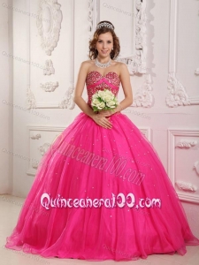 A-Line Sweetheart Satin and Organza Beading 16 Party Dress in Hot Pink