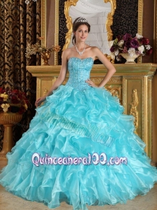 Aqua Blue Sweetheart Organza 16 Party Dress with Ruffles