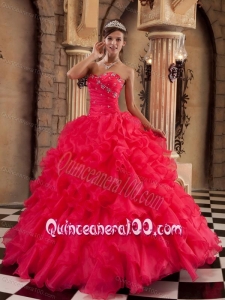 Coral Red Ball Gown Sweetheart Ruffles Organza 16 party dress