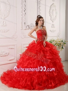 Red Strapless Organza Ruffles And Embroidery 16 party dress