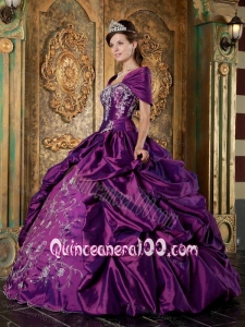 Purple Ball Gown Strapless Floor-length Taffeta Embroidery 16 Party Dress