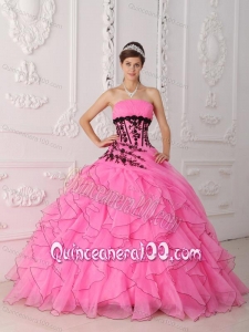 Sweet Ball Gown Strapless Floor-length Appliques and Ruffles Hot Pink 16 Birthday Party Dress