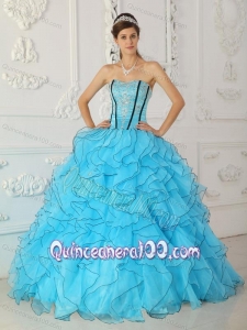 Baby Blue Ball Gown Strapless Floor-length Organza Appliques 16 Party Dress