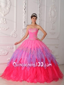 Hot Pink Ball Gown Sweetheart Floor-length Organza Beading and Ruch 16 Birthday Party Dress