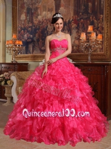 Red Ball Gown Sweetheart Floor-length Organza Beading 16 Party Dress