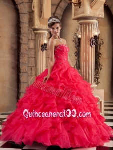 Red Ball Gown Sweetheart Floor-length Organza Ruffles 16 Birthday Party Dress