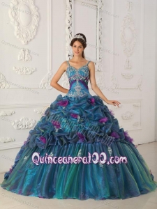 Teal Ball Gown Straps Chapel Train Organza 16 Party Dress