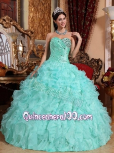 Apple Green Ball Gown Sweetheart Floor-length Organza Beading and Ruffles 16 Birthday Party Dress