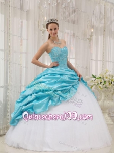 Aqua Blue Ball Gown Sweetheart Floor-length Taffeta and Tulle Beading 16 Birthday Party Dress