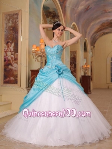 Aqua Blue and White A-Line / Princess Sweetheart Floor-length Beading Tulle and Taffeta 16 Birthday Party Dress
