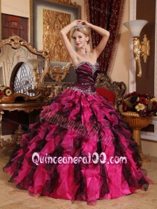 Black and Red Ball Gown Sweetheart Beading and Ruffles 16 Birthday Party Dress