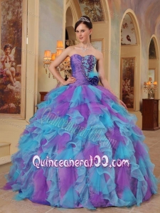 Purple and Aqua Blue Ball Gown Sweetheart Ruffles Organza 16 Birthday Party Dress