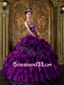 Purple Ball Gown Strapless Floor-length Organza Ruffles 16 Party Dresses