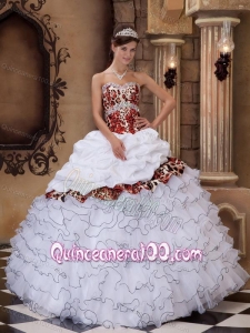 White Ball Gown Sweetheart Floor-length Organza and Leopard Ruffles 16 Party Dress