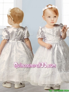 Popular Scoop Short Sleeves Flower Girl Dress with Beading and Appliques