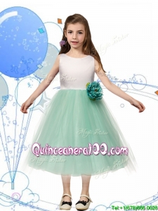 Comfortable Scoop Hand Made Flowers and Bowknot Mini Quinceanera Dress in Apple Green