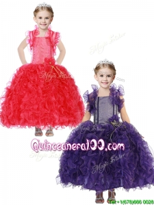Inexpensive Straps Little Girl Pageant Dress with Hand Made Flowers and Ruffles