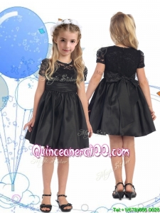 See Through Scoop Short Sleeves Lace and Belt Little Girl Pageant Dress in Black