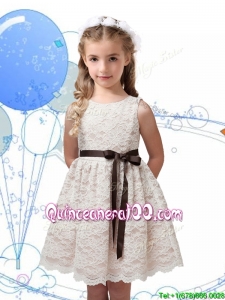 Perfect Scoop Champagne Mini Quinceanera Dress with Sashes and Lace
