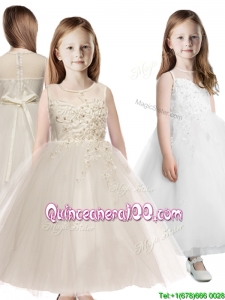 See Through Scoop Appliques Mini Quinceanera Dress in Champagne