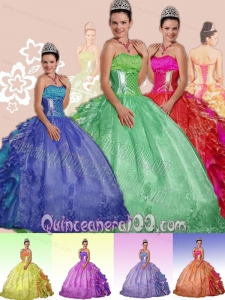 2014 Cheap Multi-color Ball Gown Strapless Organza Embroidery Dress For Quinceaneras