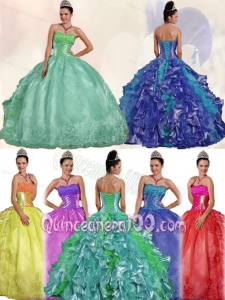 2014 Popular Strapless Ruffles and Embroidery Quinceanera Gowns