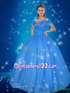 Comfortable Hand Made Flowers Blue Cinderella Quinceanera Dress for 2015