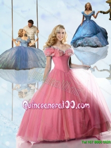 2015 Princess Rose Pink Cinderella Quinceanera Dresses with Hand Made Flowers