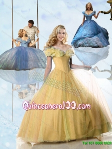 Luxurious Gold Cinderella Quinceanera Dresses with Hand Made Flowers
